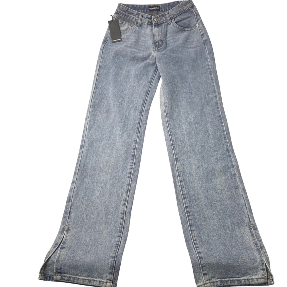 Momokrom‎ Jeans High Rise Split Hem Straight Leg 6 Blue Y2K Streetwear Denim